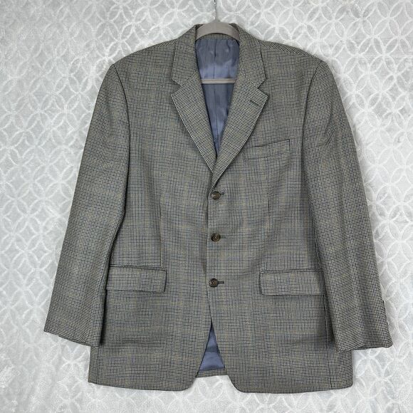 Vtg Ralph Lauren Blazer Men 42R Silk Wool Blue Houndstooth 3-Button Suit Jacket - Picture 1 of 13